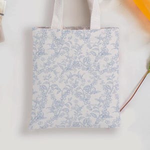 Blue Floral Canvas Tote Bag: Toile de Jouy Inspired Print