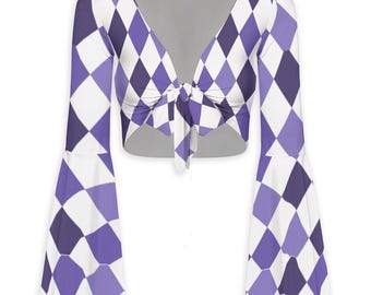Clowncore Tops: Circus Flared Sleeve Tie-Front Crop Top, Cabaret Costumes, Clown Outfits