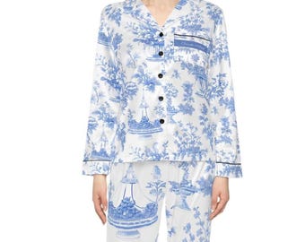 Toile de Jouy-pyjama op maat: gepersonaliseerde satijnen nachtkleding