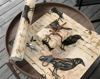 Vintage Crow Gift Wrap Paper: Raven Floral Wrapping Paper, Edgar Allen Poe Inspired Giftwrap, Gothic Gifting