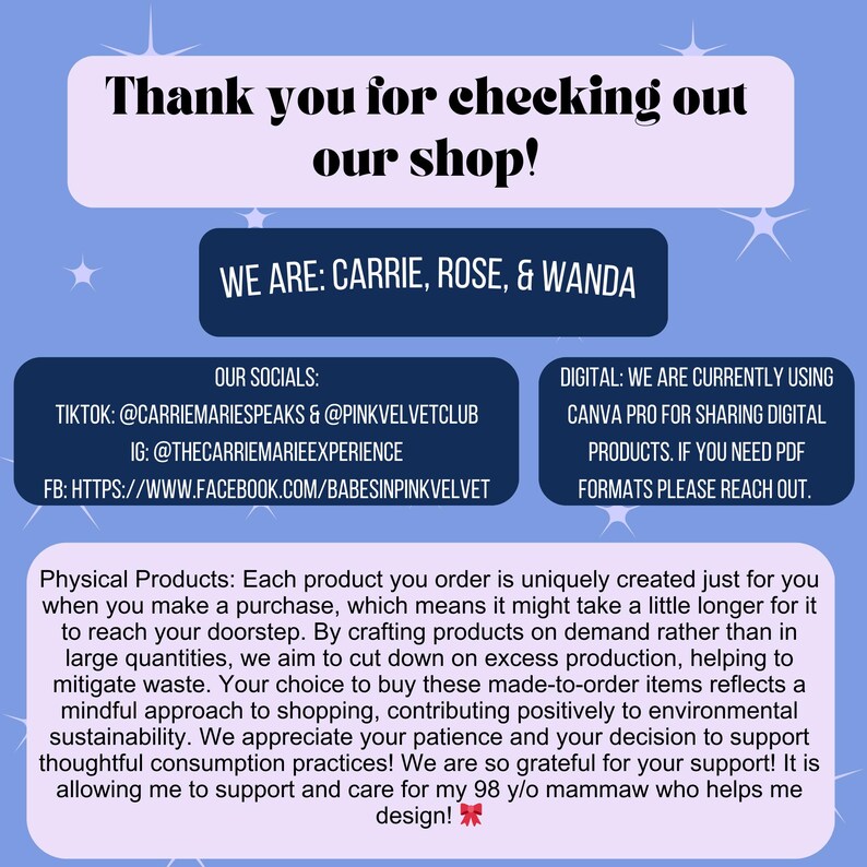 Puede incluir: Gr&aacute;fico azul claro con texto que dice "&iexcl;Gracias por visitar nuestra tienda!" y "SOMOS: CARRIE, ROSE y WANDA." Se enumeran las redes sociales. El texto tambi&eacute;n menciona productos digitales y f&iacute;sicos.