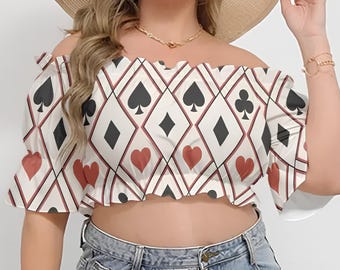 Playing Card Top: Viva Las Vegas Off-shoulder Cropped Top With Short Puff Sleeve, Halloween Party