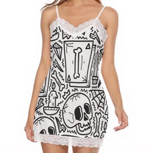 Punk Skull Lace Dress, Alternative Fashion, Gothic Pop Art Slipdress, Spooky Girl Dresses, Halloween