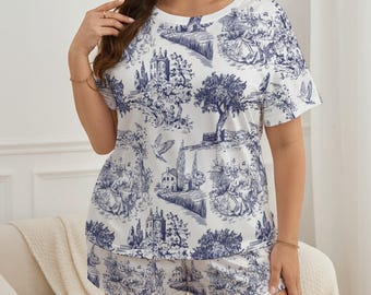 Toile de Jouy Pajamas, Cute French Toile Blue and White PJS, Cottagecore Pajama PArty, Bridal PJ Set, Bridesmaid Gifts