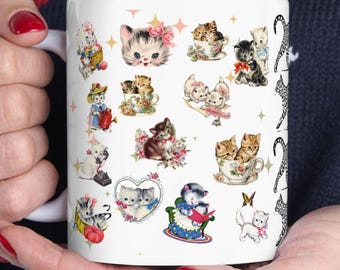 Vintage CAT Mug: Retro Kitten Coffee Cup, Gifts for cat lovers