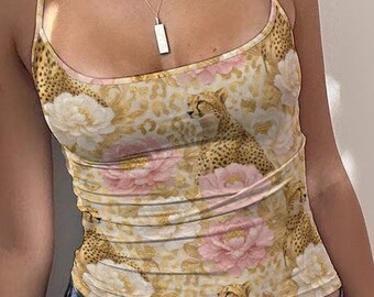Cheetah Tank Top: 80s Elegance Tanks, Vintage Style Crop Tops, Gold Aesthetic Tees, Alternative