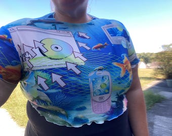 Frutiger Aero Babytee: Y2K Webcore Short Sleeve Mesh Crop Top, Vaporwave Fashion