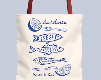 Sardine Tinned Fish Coastal Tote Bag, Nautical Market Bag, Fisherman Gift, Beach Luxury Carryall, Ocean Lover Purse, Fishing Theme