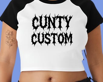 Custom Heavy Metal Babytee: Personalized Women’s Raglan Color Block Crop Tops, Customizable Punk Show Outfits, Personalizable Gothic Tees