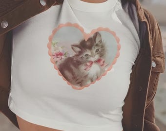 Kitten BabyTee: Retro Cat Tshirt, Indie Vintage Style Top, Y2K Cat Shirt, Little Treat, Just Because Gift, 80s Cottagecore Outfits
