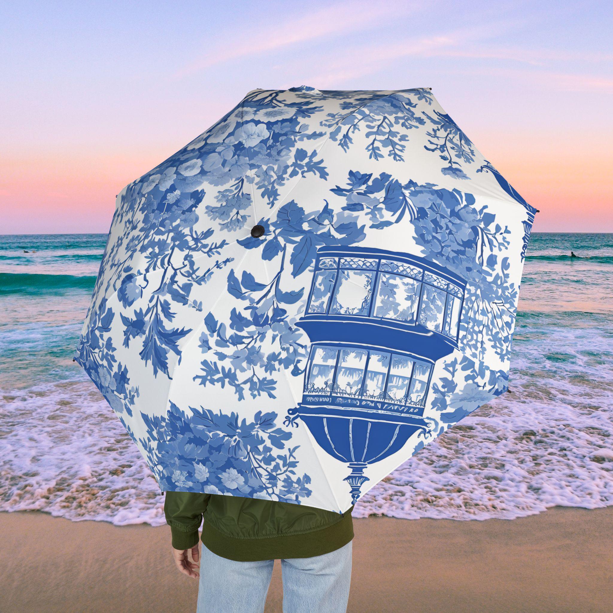 French Country De Jouy Umbrella, Preppy Blue Chinoiserie