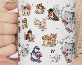 Vintage CAT Mug: Retro Kitten Coffee Cup, Gifts for cat lovers, Little Treat, Just Because Gifts, Retro Style Gift for City Girls