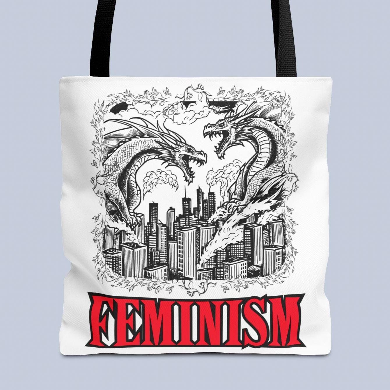 Feminism Dragon Tote Bag, Eco-Friendly Canvas Bag, Aesthetic Bookish Carryall, Medieval Renaissance Fair Gifts, Feminist Statement Purse