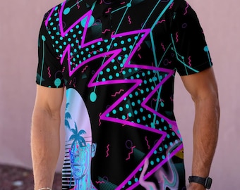 Vaporwave Polo Shirt: Memphis Print Tees, Y2K Frutiger Aero Style Outfits, Cybercore Fashion, Webcore Fashion, 90s Polos