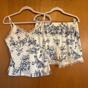 Toile de Jouy Pajamas, Blue Chinoiserie Print, French Country Bridesmaid Bridal Party PJs, Getting Ready Set, Matching Cottagecore Sleepwear