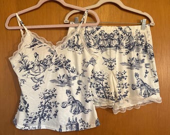 Toile de Jouy Pajamas, Blue Chinoiserie Print, French Country Bridesmaid Bridal Party PJs, Getting Ready Set, Matching Cottagecore Sleepwear