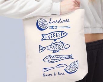 Sardine Tote Bag: Tinned Fish Gifts, Coastal Accessories, Nautical Market Carryall, Fisherman Aesthetic Bags, Seaside Shopping Totes