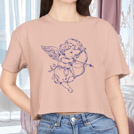 Cherub Crop Top, Plus Size Women's T-shirt, Cupid Print Tee, Flowy