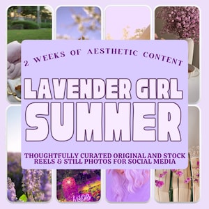 Pode incluir: Uma colagem de oito imagens com um tema lavanda e branco. A imagem central apresenta o texto "2 WEEKS OF AESTHETIC CONTENT LAVENDER GIRL SUMMER" e "THOUGHTFULLY CURATED ORIGINAL AND STOCK REELS & STILL PHOTOS FOR SOCIAL MEDIA". As imagens circundantes incluem flores e cenas ao ar livre.