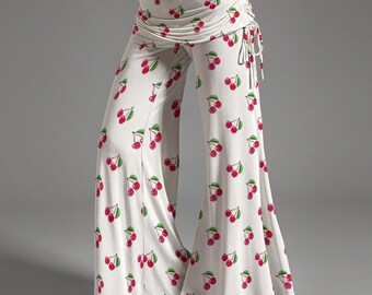 Cherry Pants: Summer Fruit Wide Leg Pant, Cherrie Outfits, Coquette Cherries High Waist Bell Bottoms