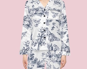 Toile de Jouy Satin Pajamas Set: Elegant Floral Loungewear
