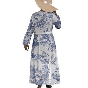 Toile de jouy Womens Lace-up Chiffon Robe, French Toile Coastal Countryside Cover Up, Bridal Gifts