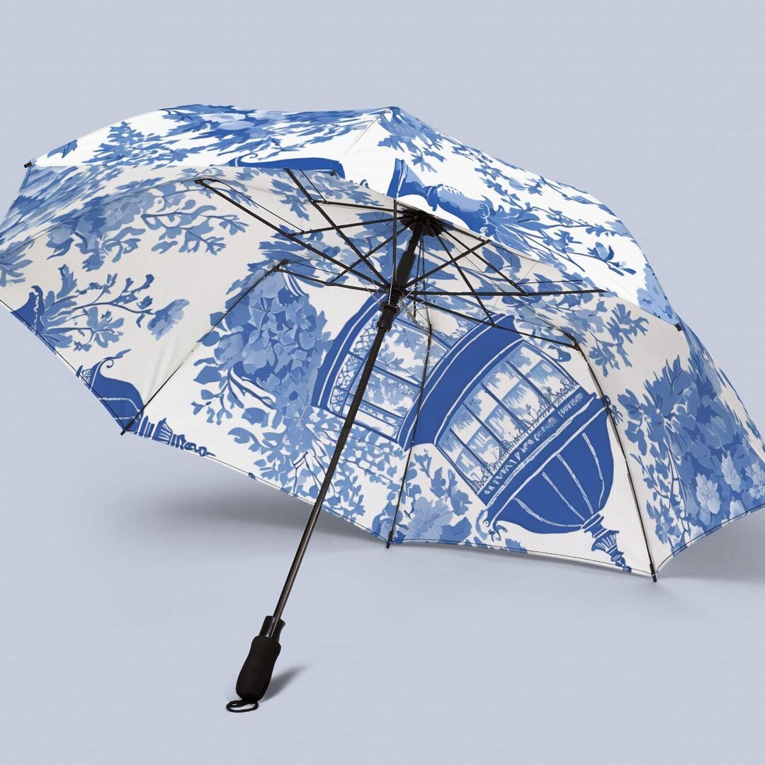 French Toile De Jouy Umbrella, Semi-automatic Foldable, Blue