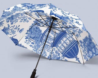 Toile de Jouy-paraplu: blauwe chinoiserie, halfautomatisch, opvouwbaar