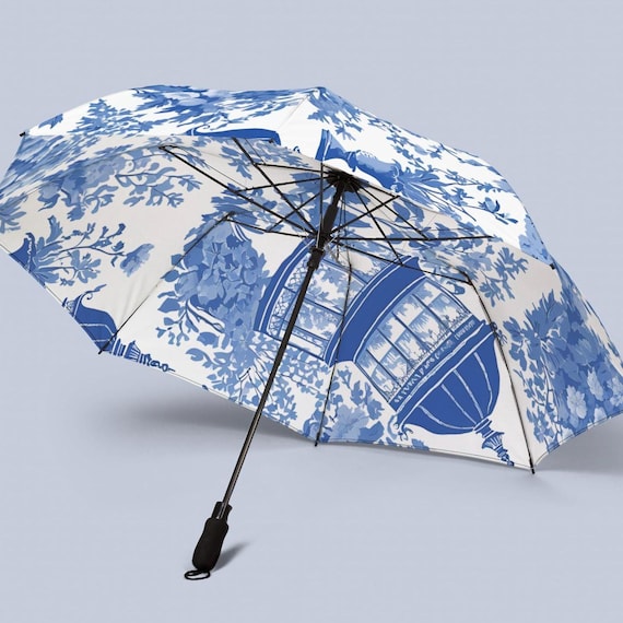 French Toile De Jouy Umbrella, Semi-automatic Foldable, Blue