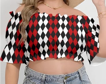 Clowncore Clothing: Jester Off-shoulder Cropped Top, Circus Tops, Whimsical Clown Costume, Mad Hatte