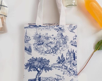 Toile de Jouy Tote Bag, Blue French Toil Style Wedding Gifts, Double-Sided Printed Canvas Bag, Matching Bridal Accessories, Vintage Floral