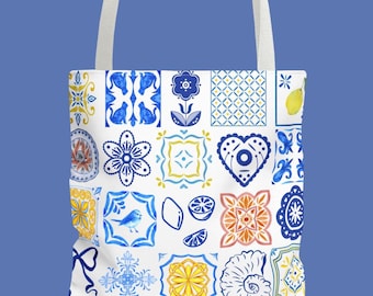Mediterranean Tile Tote Bag, European Coastal Travel Tote, Blue Mosaic Beach Bridal Gift, Elegant Summer, Chateaucore Aesthetic Accessories