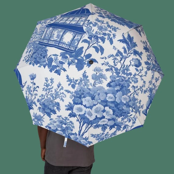 French Toile De Jouy Umbrella, Semi-automatic Foldable, Blue