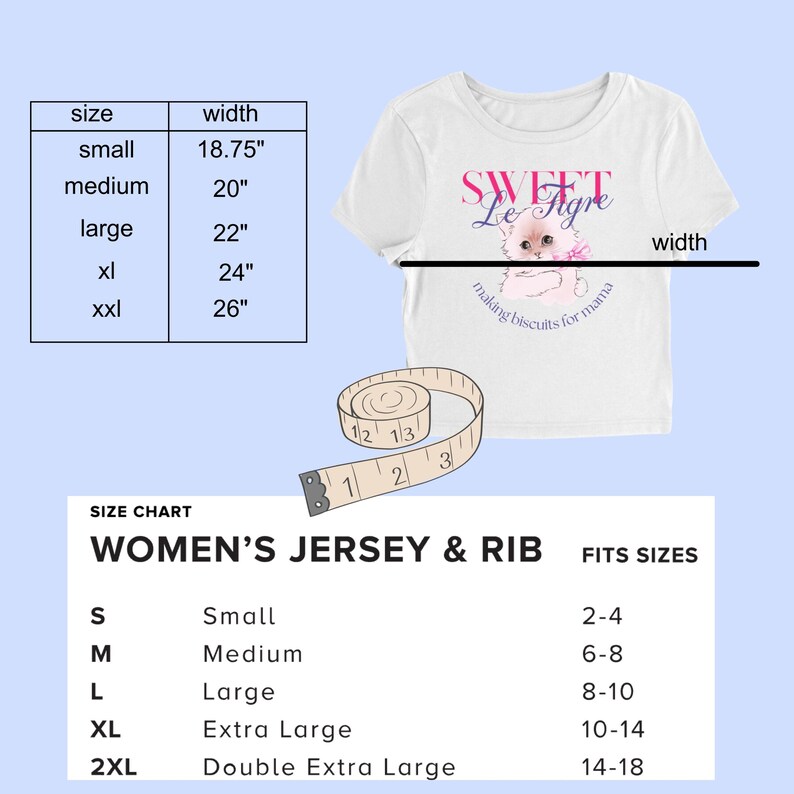 Puede incluir: Camiseta blanca con el texto "SWEET Le Tigre" sobre una ilustraci&oacute;n de acuarela de un gato. La camiseta tambi&eacute;n tiene el texto "making biscuits for mama". Una tabla de tallas muestra las medidas en cent&iacute;metros.