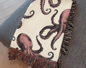 Octopus Blanket: Sea Monster Woven Blankets, Cotton Kraken Throw, Gothic Coastal Home Decor Gifts