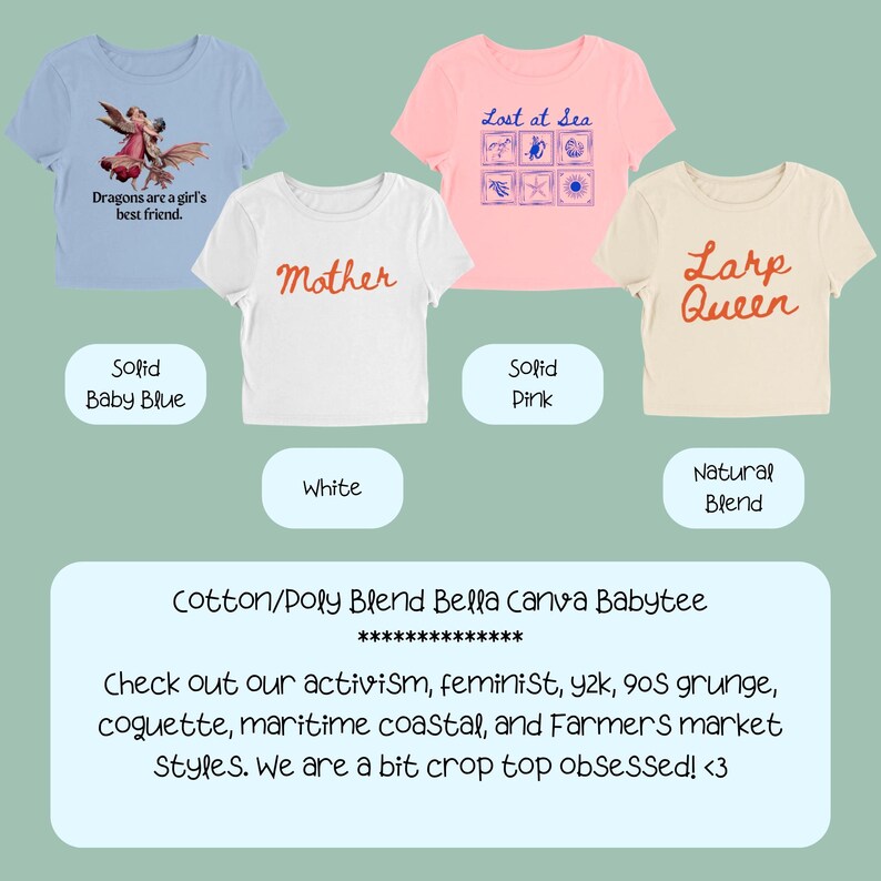 Puede incluir: Cuatro camisetas cortas en colores azul beb&eacute;, blanco, rosa s&oacute;lido y mezcla natural. Las camisetas presentan varios dise&ntilde;os y textos, incluyendo "Dragons are a girl's best friend", "Mother", "Lost at Sea" y "Larp Queen".