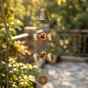 May include: A bronze wind chime featuring a bell-shaped top and several smaller bells suspended beneath. A coin-shaped pendant hangs at the bottom. The background is a blurred outdoor scene with foliage and a wooden railing.