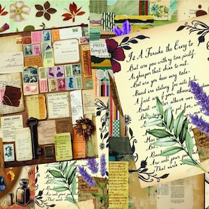 Kit de diario basura lila lavanda, efímera floral morada imprimible, paquete de papel digital Shabby Chic, álbum de recortes vintage, diario Cottagecore