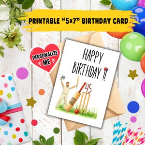 May include: A printable 5x7 birthday card featuring a cricket-themed illustration with a player, a bat labelled DAVID, wickets, and the number 45. The text reads HAPPY BIRTHDAY, and a red heart sticker says PERSONALIZE ME on a white background.