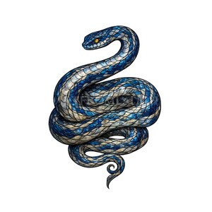 May include: A coiled snake illustration featuring a detailed scale pattern in shades of deep blue, light blue, and off-white. The serpent has a single visible eye coloured in a bright, solid yellow, and its body is arranged in a tight, circular loop.