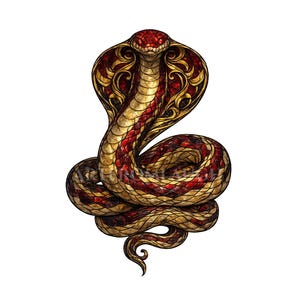 May include: A coiled cobra illustration featuring a detailed scale pattern in deep red and metallic gold tones. The snake has an expanded hood with intricate swirling gold filigree accents and piercing red eyes, presented against a plain white background.