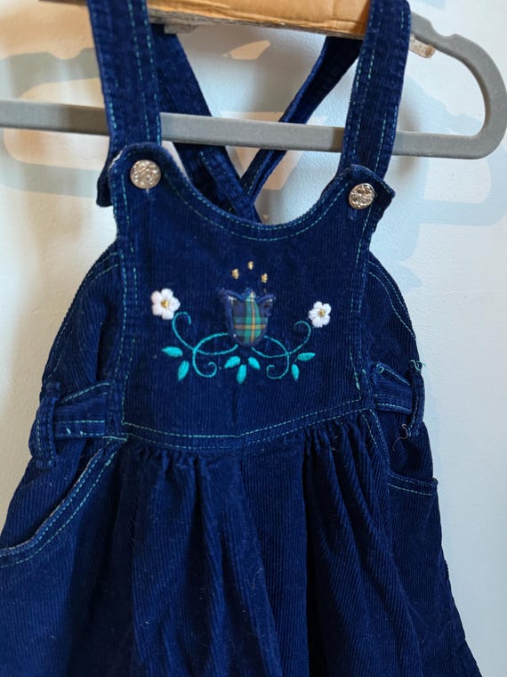 blue corduroy overall dress Vintage Baby Toddler Blue Corduroy Overall Dress With Floral Plaid  Embroidery