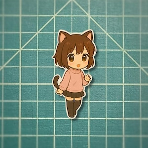 Anime Catgirl Sticker – Cute Neko Vinyl Decal with Ears & Tail, 2.5" Kawaii Anime Character Art, Waterproof for Laptop, Journal, Gift