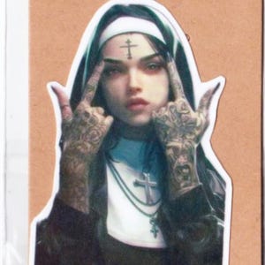 Tattooed Nun Vinyl Sticker – Gothic Aesthetic Inked Woman Art for Laptops, Journals, Water Bottles | Alternative Tattoo Art Decal