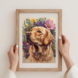 Unique Floral Gift for Golden Retriever Owners - Vintage Poster Print of Beloved Pet