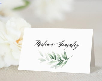 Pack of 12 Printed Greenery Tent Place Card, 2x3.5" Minimalist Green Leaves Folded Name Cards Individually Printed with Guest Names #26