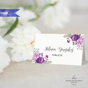 Pack of 12 Printed Purple Lavender Floral Tent Place Card, 2x3.5&quot; Folded Name Cards Individually Printed with Guest Names #07