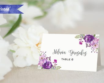 Pack of 12 Printed Purple Lavender Floral Tent Place Card, 2x3.5" Folded Name Cards Individually Printed with Guest Names #07