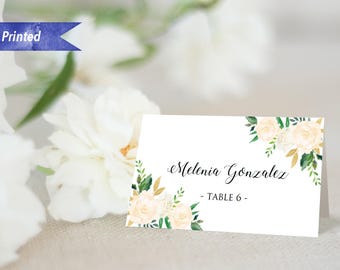 Pack of 12 Printed Cream Ivory Floral Tent Place Card, 2x3.5" Folded Name Cards Individually Printed with Guest Names #06