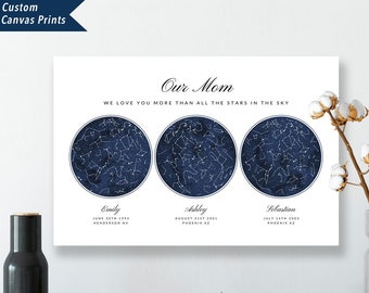 Custom 3 Star Sky Maps Print, Navy Watercolor Zodiac Constellation, Gift for Mom or Dad, 3 Children Family Present, Wall Art Canvas Prints